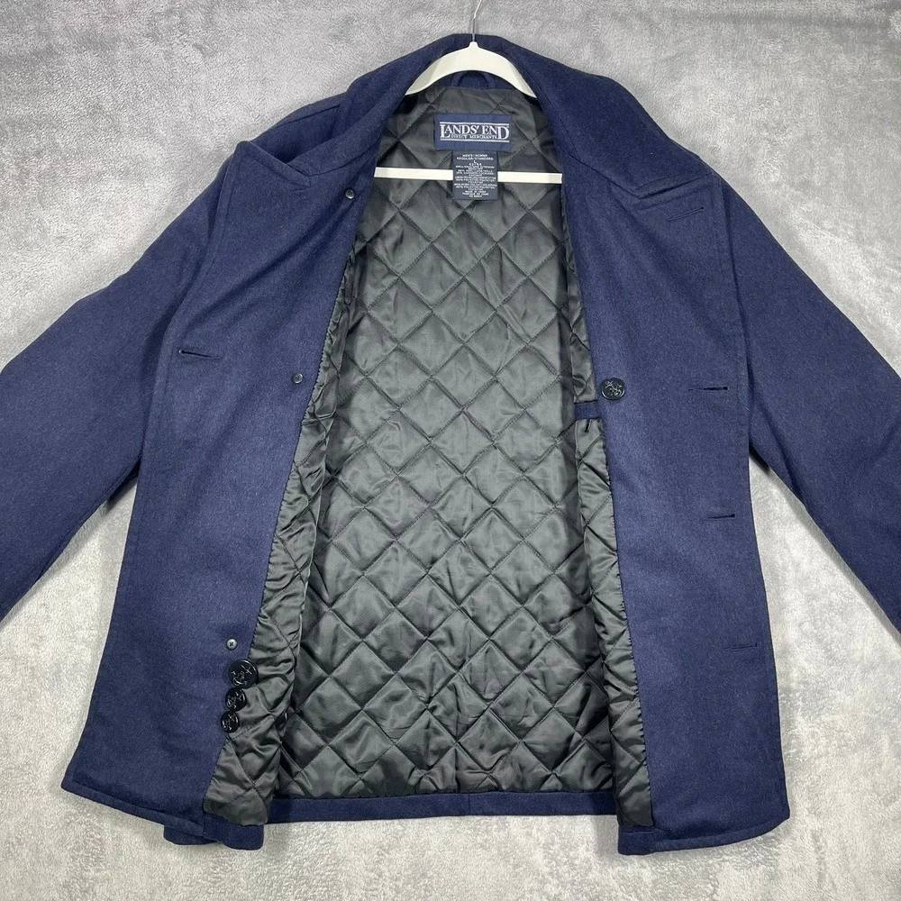 Lands End Mens Large 42-44 Wool Cashmere Peacoat Navy Insulated Vintage